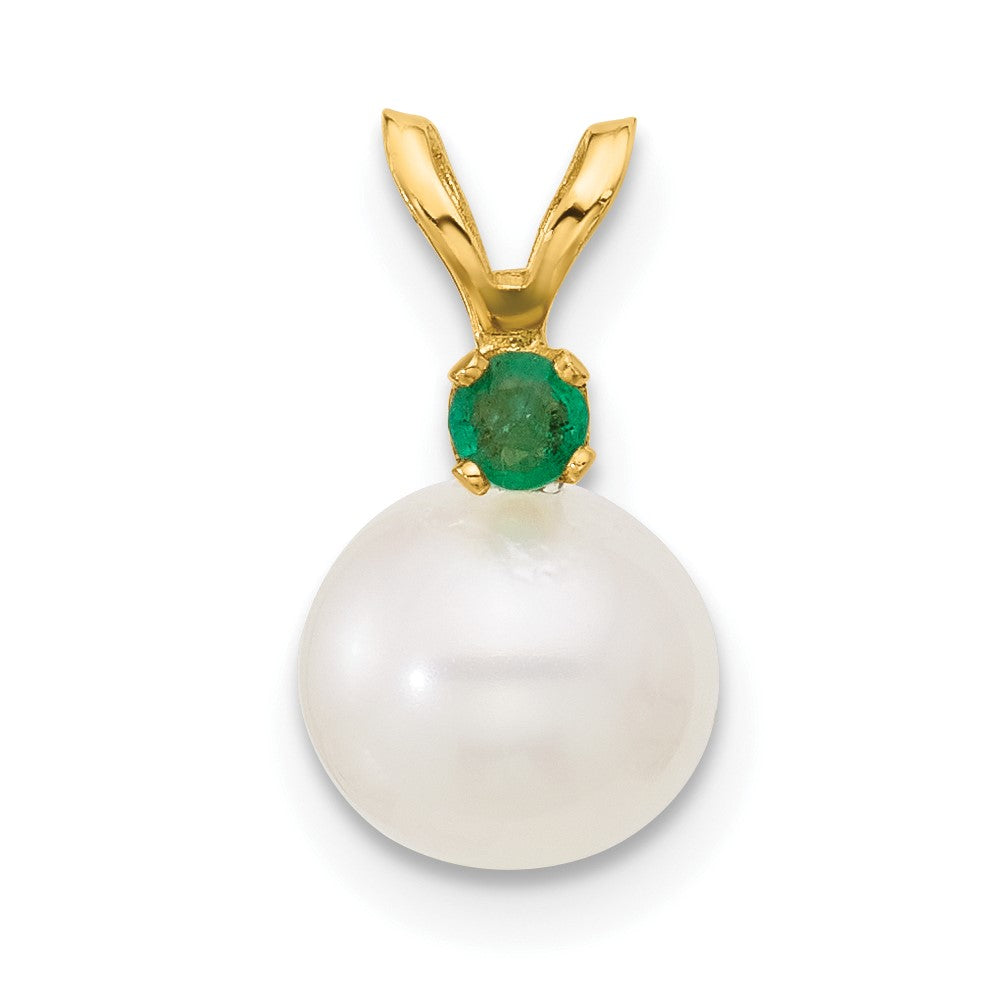 14K Yellow Gold 7-7.5mm White Round Fwc Pearl Emerald Pendant