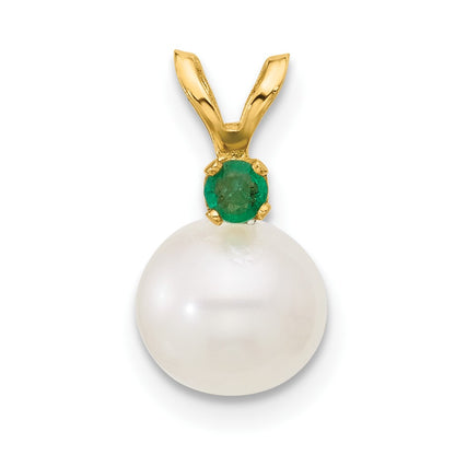 14K Yellow Gold 7-7.5mm White Round Fwc Pearl Emerald Pendant