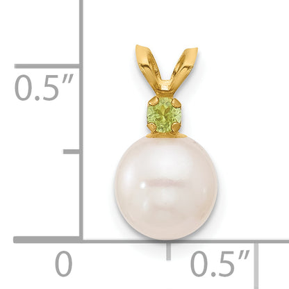 14k Yellow Gold 14k 7-7.5mm White Round Freshwater Cultured Pearl and .07PE Peridot Pendant