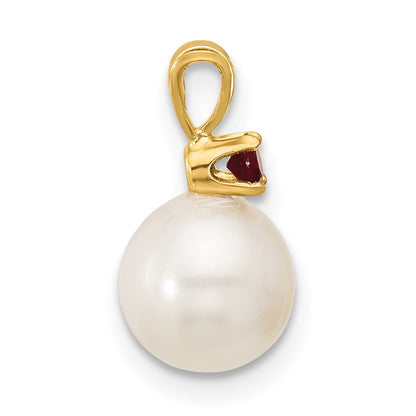 14K Yellow Gold 7-7.5mm White Round Fwc Pearl Ruby Pendant