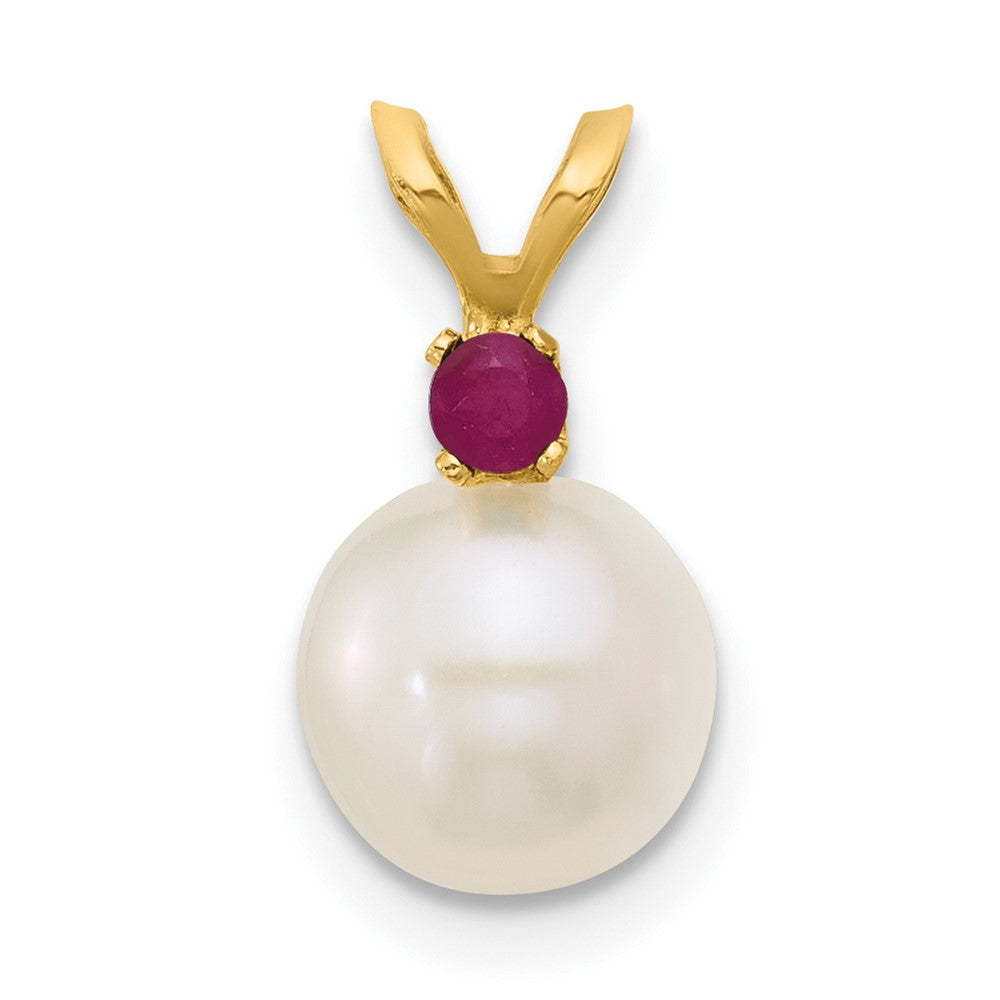 14K Yellow Gold 7-7.5mm White Round Fwc Pearl Ruby Pendant