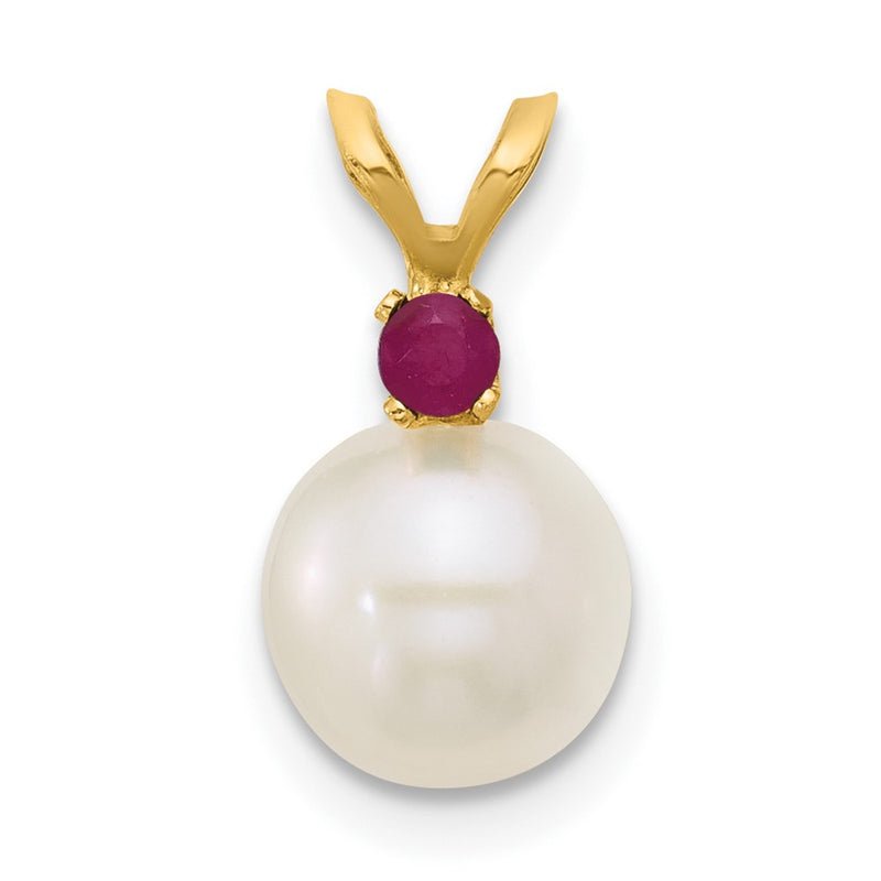 14K Yellow Gold 7-7.5mm White Round Fwc Pearl Ruby Pendant