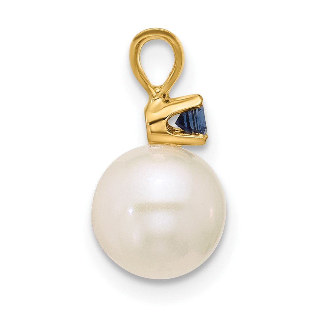 14K Yellow Gold 7-7.5mm White Round Fwc Pearl Sapphire Pendant
