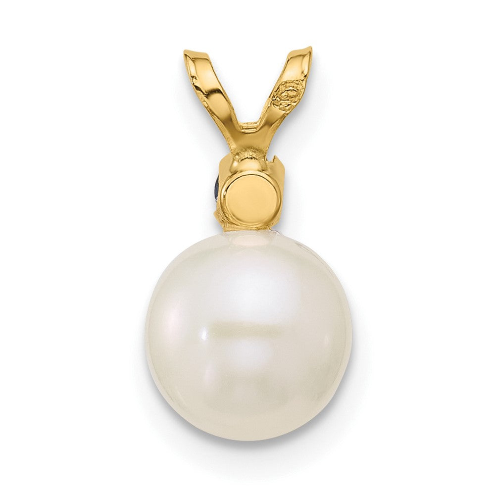 14K Yellow Gold 7-7.5mm White Round Fwc Pearl Sapphire Pendant