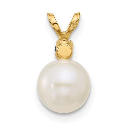 14K Yellow Gold 7-7.5mm White Round Fwc Pearl Sapphire Pendant