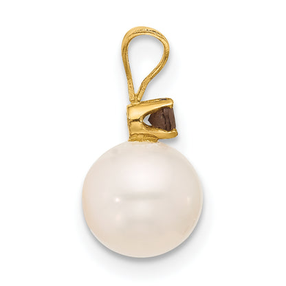 14k Yellow Gold 14k 7-7.5mm White Round Freshwater Cultured Pearl and .09SQ Smoky Quartz Pendant