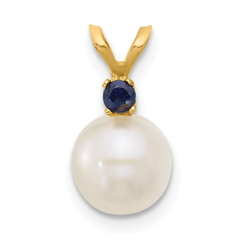 14K Yellow Gold 7-7.5mm White Round Fwc Pearl Sapphire Pendant