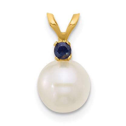 14K Yellow Gold 7-7.5mm White Round Fwc Pearl Sapphire Pendant