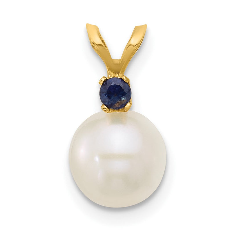 14K Yellow Gold 7-7.5mm White Round Fwc Pearl Sapphire Pendant