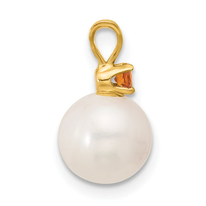 14k Yellow Gold 14k 8-8.5mm White Round Freshwater Cultured Pearl and .09CI Citrine Pendant