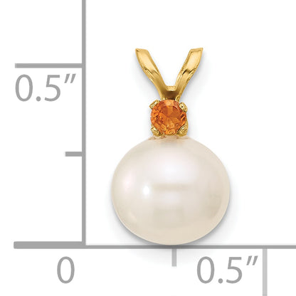 14k Yellow Gold 14k 8-8.5mm White Round Freshwater Cultured Pearl and .09CI Citrine Pendant