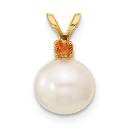 14k Yellow Gold 14k 8-8.5mm White Round Freshwater Cultured Pearl and .09CI Citrine Pendant