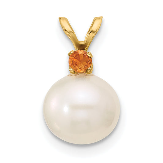 14k Yellow Gold 14k 8-8.5mm White Round Freshwater Cultured Pearl and .09CI Citrine Pendant