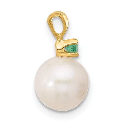 14K Yellow Gold Emerald 8-8.5mm White Round Fwc Pearl Pendant