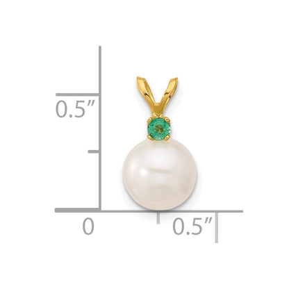 14K Yellow Gold Emerald 8-8.5mm White Round Fwc Pearl Pendant