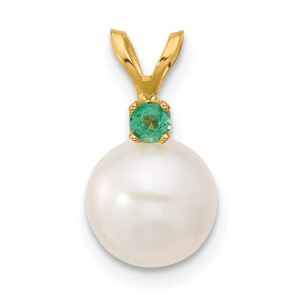 14K Yellow Gold Emerald 8-8.5mm White Round Fwc Pearl Pendant