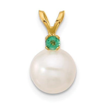 14K Yellow Gold Emerald 8-8.5mm White Round Fwc Pearl Pendant