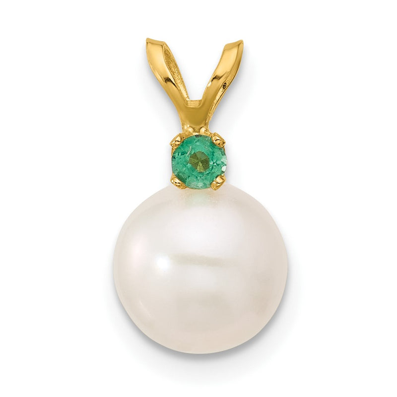 14K Yellow Gold Emerald 8-8.5mm White Round Fwc Pearl Pendant