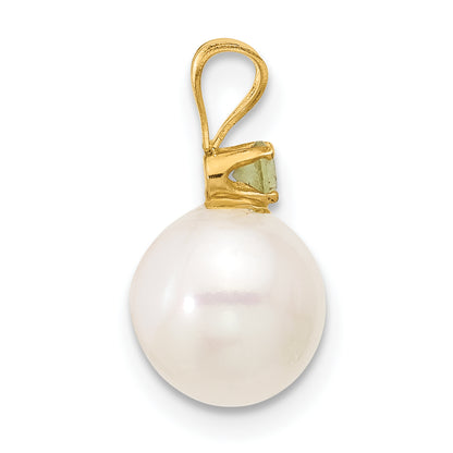 14k Yellow Gold 14k 8-8.5mm White Round Freshwater Cultured Pearl and .07PE Peridot Pendant