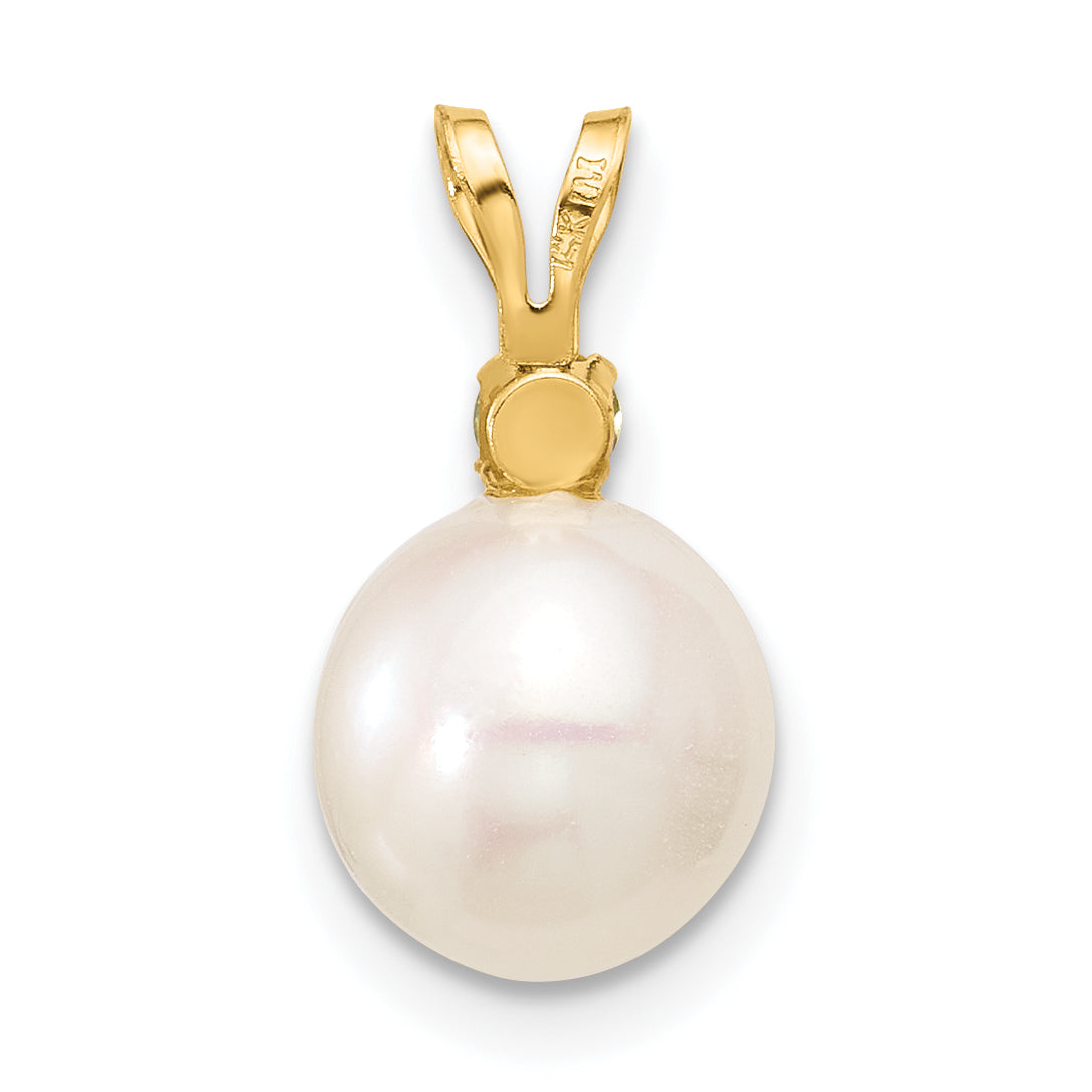 14k Yellow Gold 14k 8-8.5mm White Round Freshwater Cultured Pearl and .07PE Peridot Pendant
