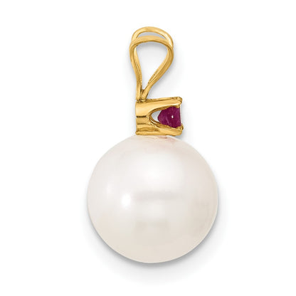 14K Yellow Gold Ruby 8-8.5mm White Round Fwc Pearl Pendant