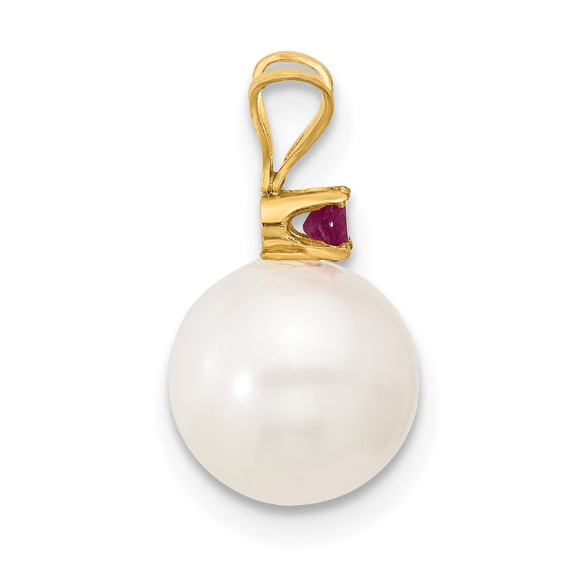 14K Yellow Gold Ruby 8-8.5mm White Round Fwc Pearl Pendant