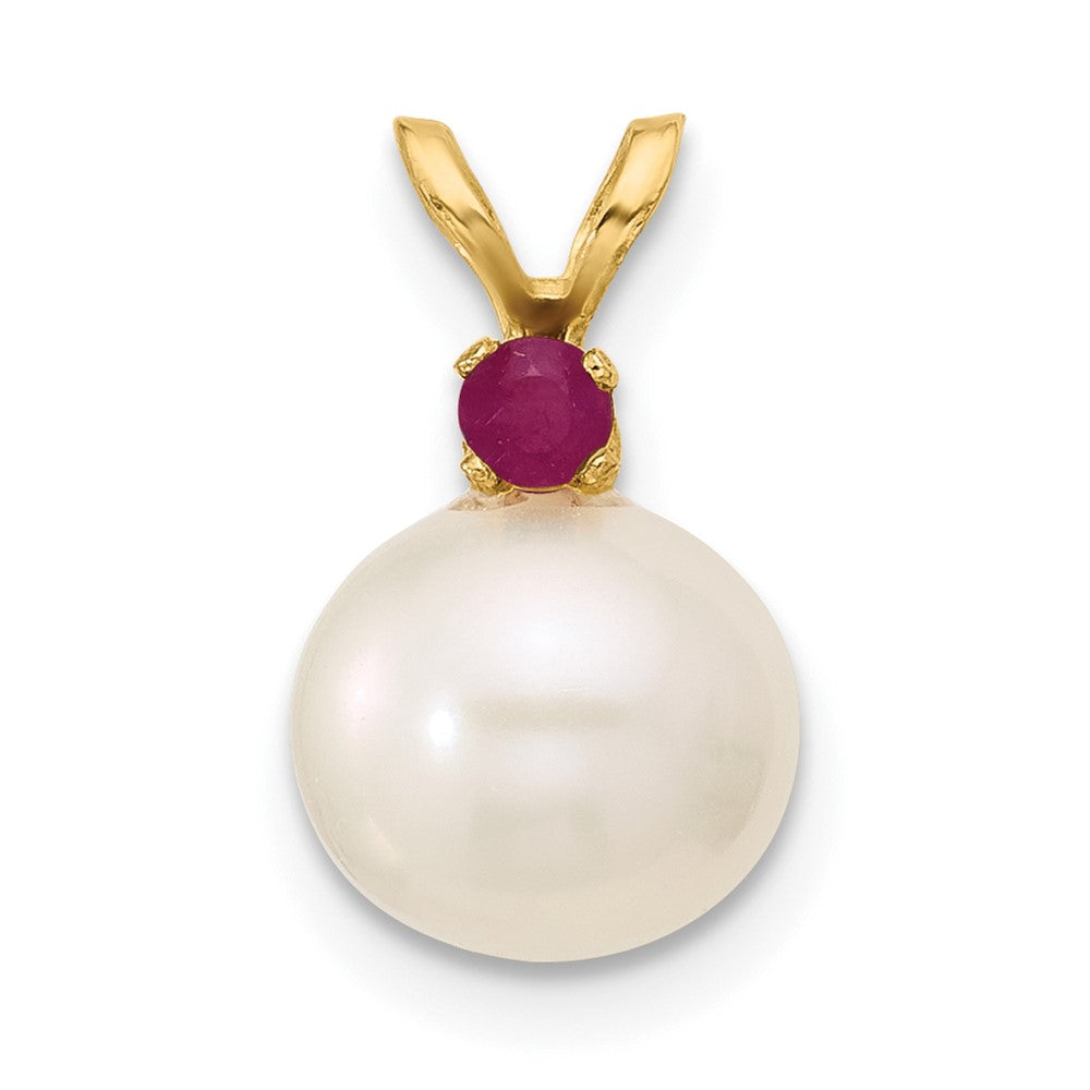 14K Yellow Gold Ruby 8-8.5mm White Round Fwc Pearl Pendant