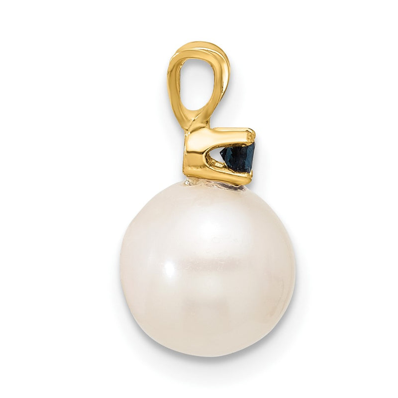 14K Yellow Gold Sapphire 8-8.5mm White Round Fwc Pearl Pendant