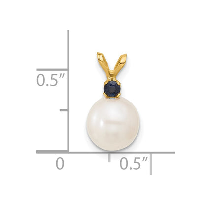 14K Yellow Gold Sapphire 8-8.5mm White Round Fwc Pearl Pendant