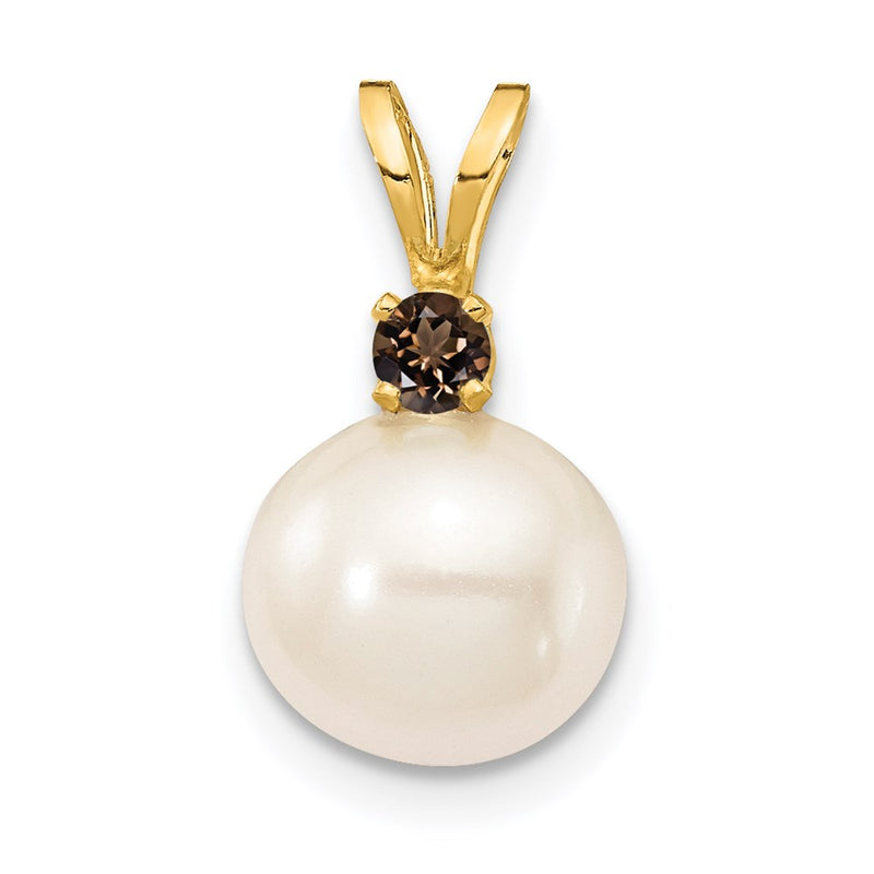 14k Yellow Gold 14k 8-8.5mm White Round Freshwater Cultured Pearl and .09SQ Smoky Quartz Pendant