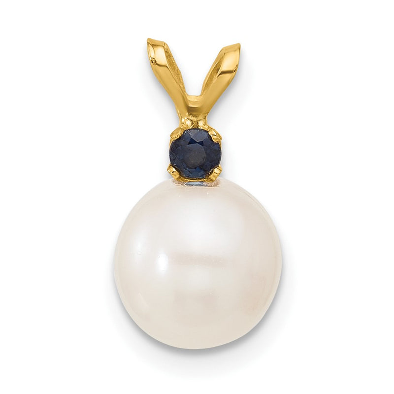 14K Yellow Gold Sapphire 8-8.5mm White Round Fwc Pearl Pendant