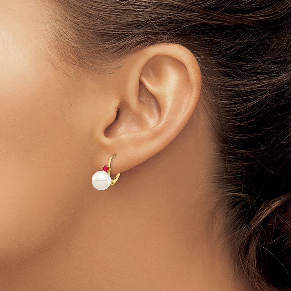 14K Yellow Gold 8 8.5mm White Round Freshwater Cultured Pearl And .18Ru Ruby Leverback Earrings
