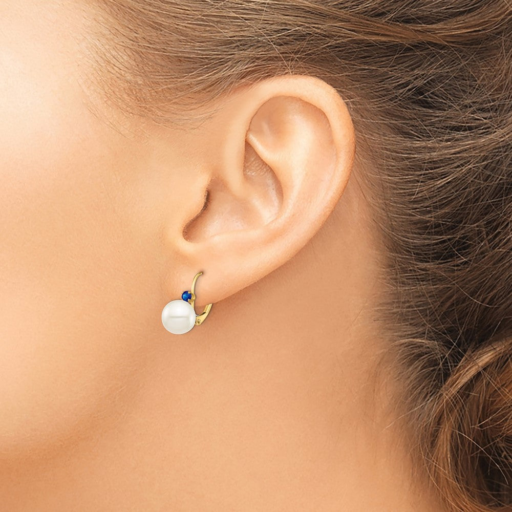 14K Yellow Gold 8 8.5mm White Round Freshwater Cultured Pearl And .18Sa Sapphire Leverback Earrings