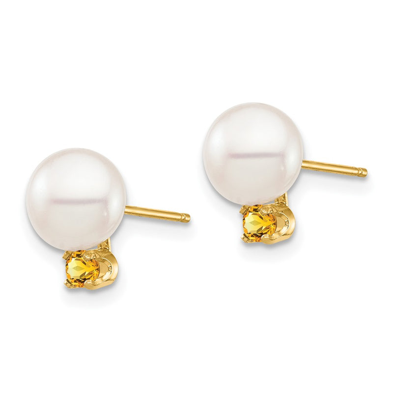 14K Yellow Gold 7 7.5mm White Round Freshwater Cultured Pearl And .14Ci Citrine Post Earrings