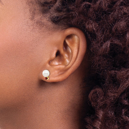 14K Yellow Gold 7 7.5mm White Round Freshwater Cultured Pearl And .18Ga Garnet Post Earrings