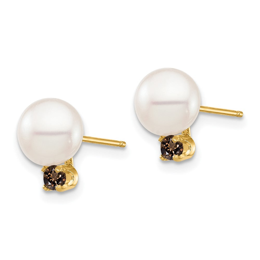 14K Yellow Gold 7 7.5mm White Round Freshwater Cultured Pearl And .18Sq Smokey Quartz Post Earrings
