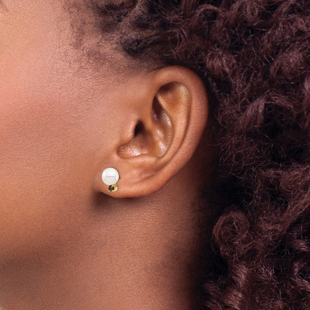 14K Yellow Gold 7 7.5mm White Round Freshwater Cultured Pearl And .18Sq Smokey Quartz Post Earrings