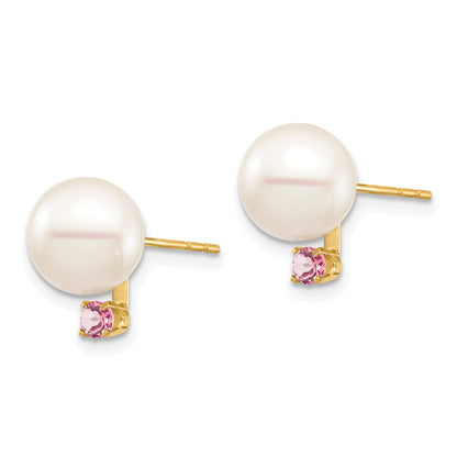 14K Yellow Gold 8 8.5mm White Round Freshwater Cultured Pearl And .14Pt Pink Topaz Post Earrings