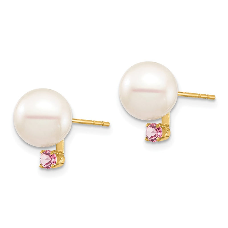 14K Yellow Gold 8 8.5mm White Round Freshwater Cultured Pearl And .14Pt Pink Topaz Post Earrings