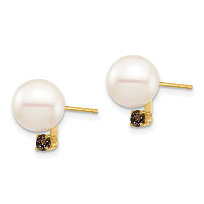 14K Yellow Gold 8 8.5mm White Round Freshwater Cultured Pearl And .18Sq Smoky Quartz Post Earring