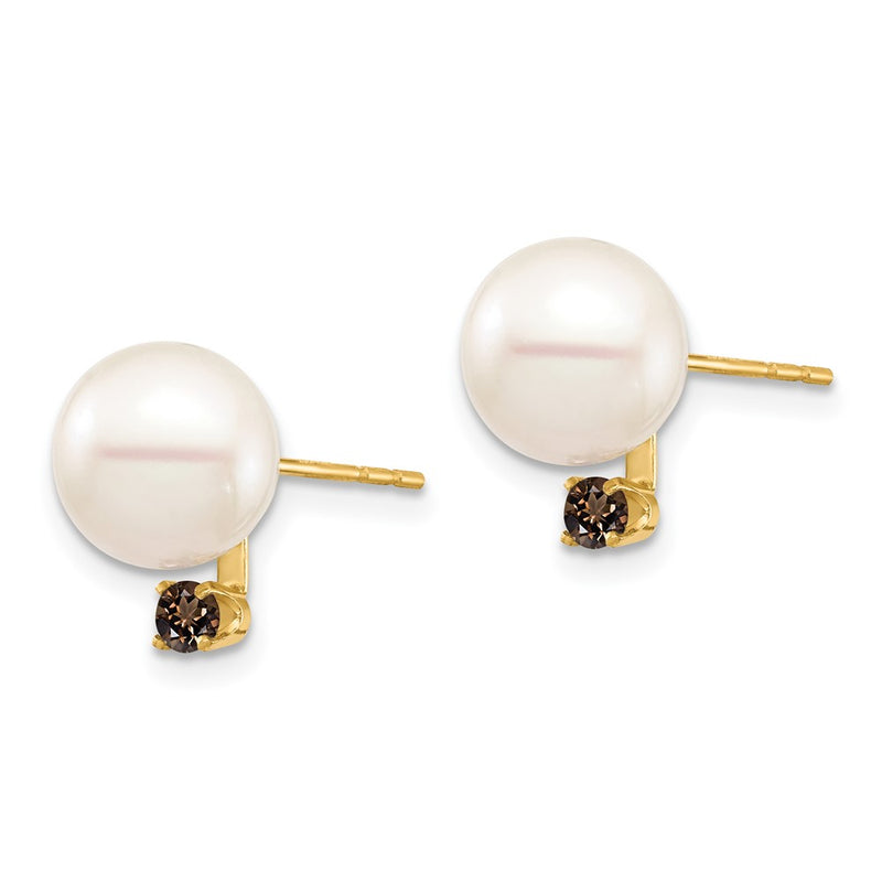 14K Yellow Gold 8 8.5mm White Round Freshwater Cultured Pearl And .18Sq Smoky Quartz Post Earring