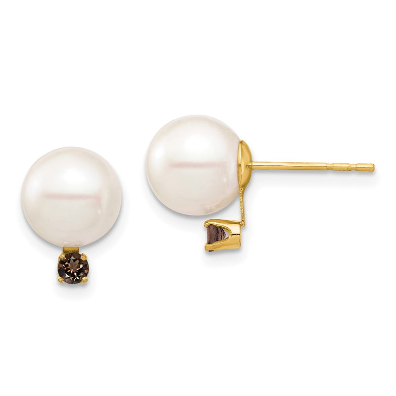 14K Yellow Gold 8 8.5mm White Round Freshwater Cultured Pearl And .18Sq Smoky Quartz Post Earring