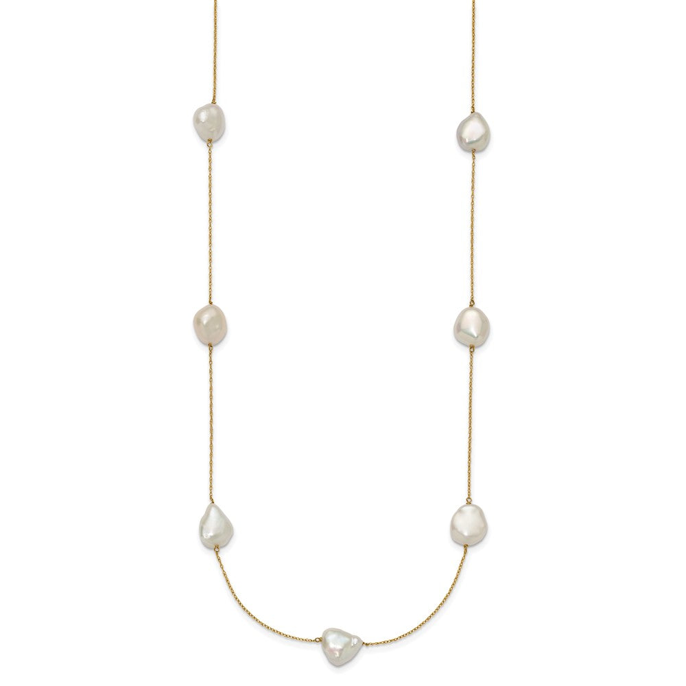 14K Yellow Gold 10 11mm White Keshi Freshwater Cultured Pearl 7 Station 20 Inch Necklace