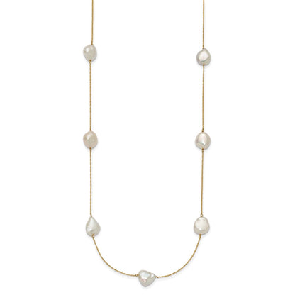 14K Yellow Gold 10 11mm White Keshi Freshwater Cultured Pearl 7 Station 20 Inch Necklace