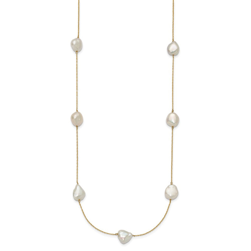 14K Yellow Gold 10 11mm White Keshi Freshwater Cultured Pearl 7 Station 20 Inch Necklace
