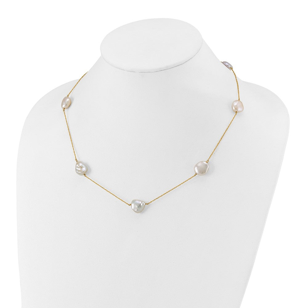 14K Yellow Gold 10 11mm White Keshi Freshwater Cultured Pearl 7 Station 20 Inch Necklace