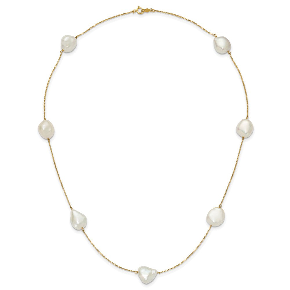 14K Yellow Gold 10 11mm White Keshi Freshwater Cultured Pearl 7 Station 20 Inch Necklace