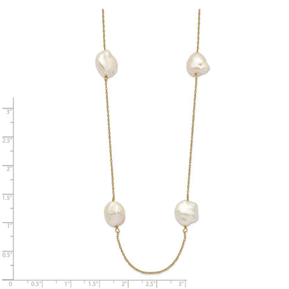 14K Yellow Gold 10 11mm White Keshi Freshwater Cultured Pearl 7 Station 20 Inch Necklace