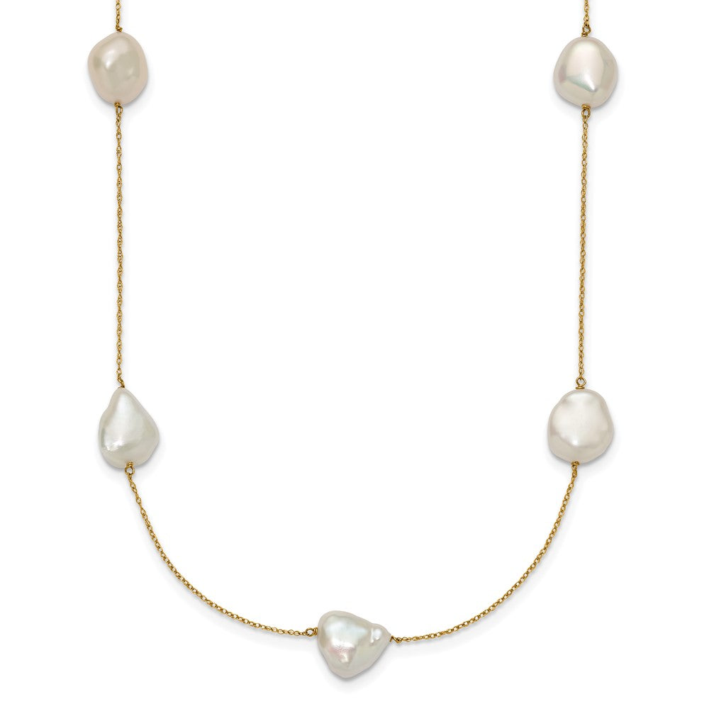 14K Yellow Gold 10 11mm White Keshi Freshwater Cultured Pearl 7 Station 20 Inch Necklace