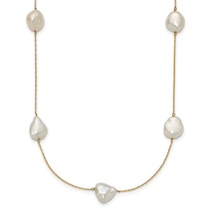 14K Yellow Gold 10 11mm White Keshi Freshwater Cultured Pearl 7 Station 20 Inch Necklace